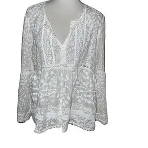 Lola Australia Long Sleeve Boho Eyelet Trim Floral Top White Cream Sz L Large